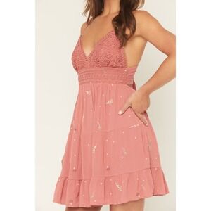 NWT Atap Pink Crochet Embroidered Mini Dress M Boho Tie Back Lace Tiered